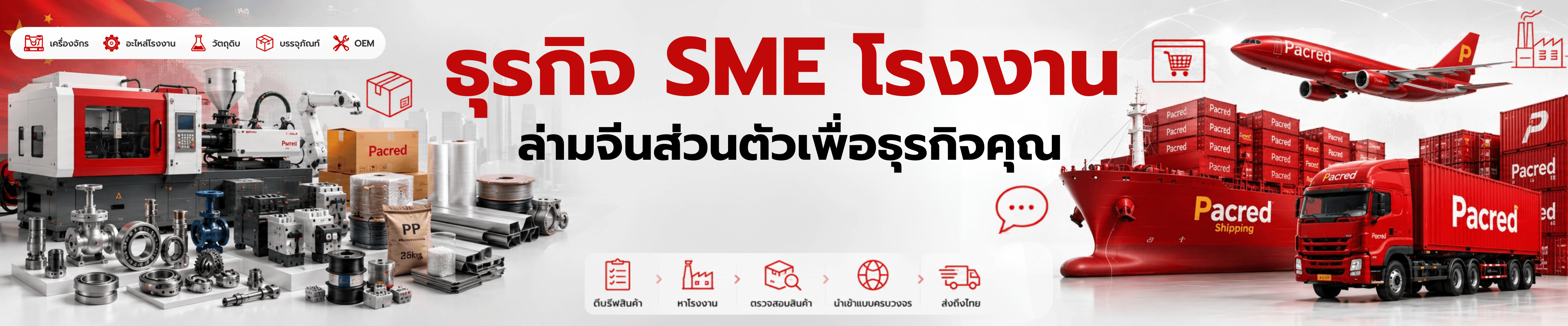 ธุรกิจ SME โรงงาน — ล่ามจีนส่วนตัวเพื่อธุรกิจคุณ กับ Pacred · เครื่องจักร อะไหล่โรงงาน วัตถุดิบ บรรจุภัณฑ์ OEM · ตีบรีฟสินค้า หาโรงงาน ตรวจสอบสินค้า นำเข้าแบบครบวงจร ส่งทั่วไทย