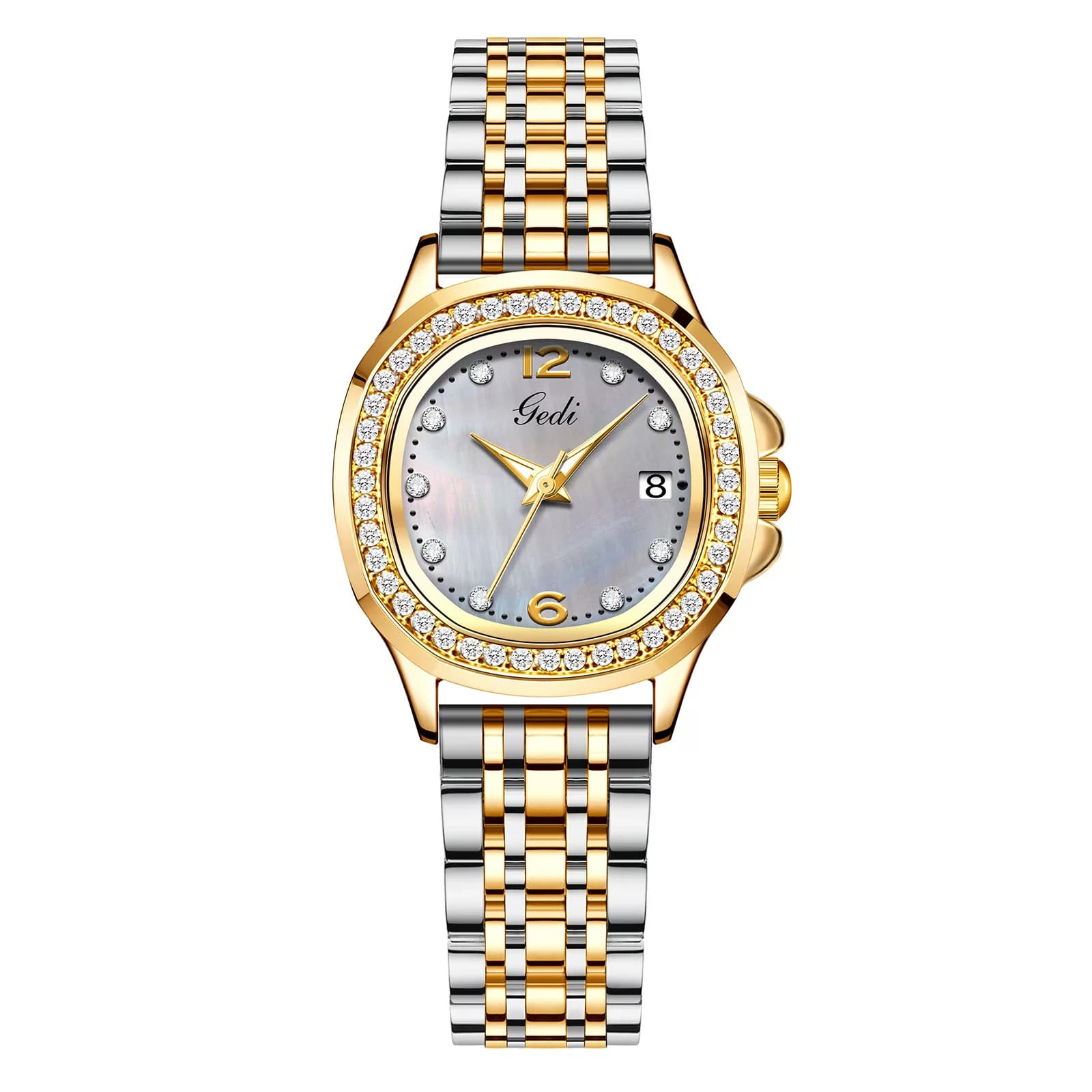 นำเข้านาฬิกาข้อมือ — Goldie's New Gold Shell Mother-of-Pearlนาฬิกาผู้หญิงควอตซ์พร้อมสายเหล็กเพชรกันน้ำอารมณ์อเนกประสงค์นาฬิกาเดินทางในที่ทำงาน