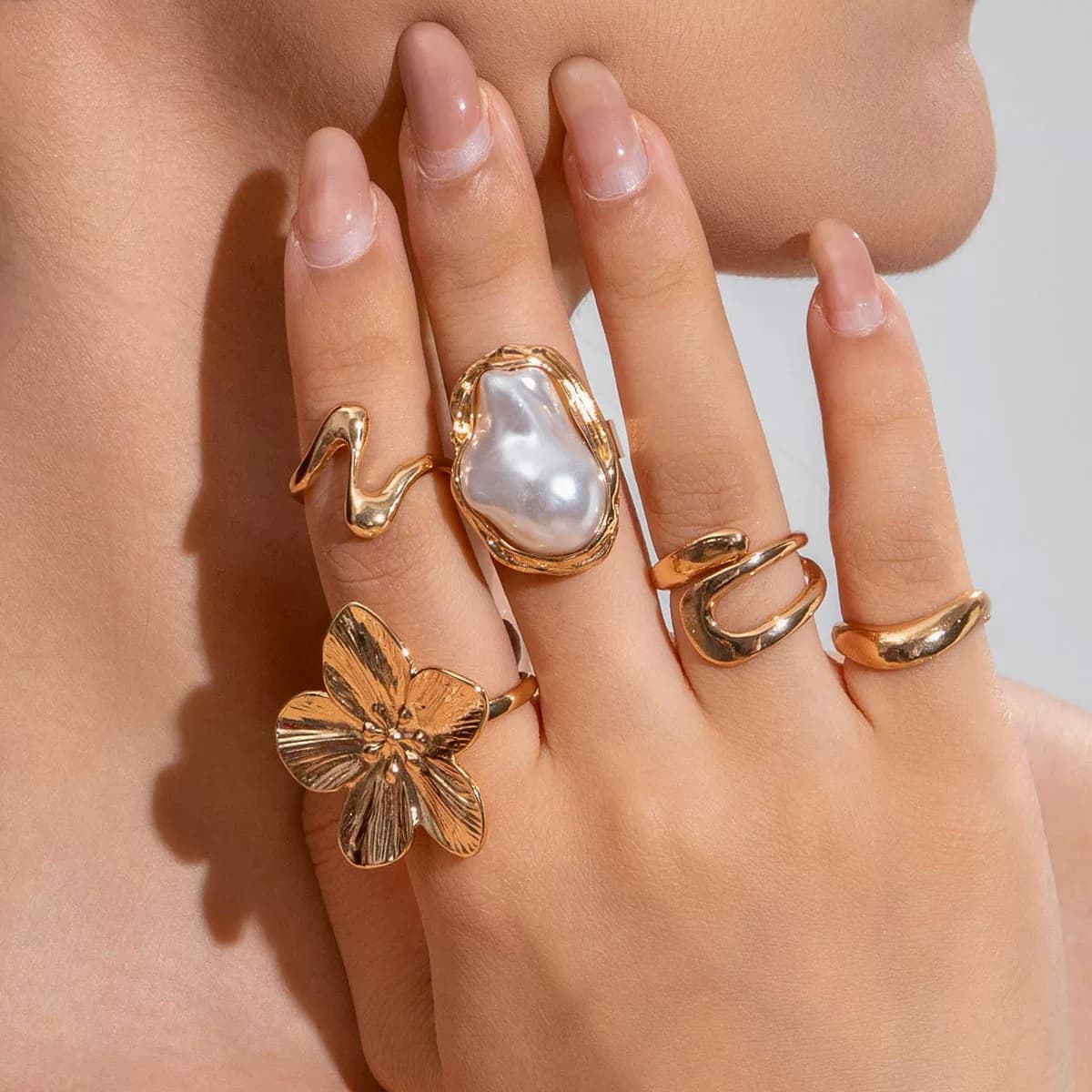 นำเข้าเครื่องประดับ — Ode Jewelry Alloy Flower Point Diamond Pearl Ring Retro Baroque Geometric Ring Set